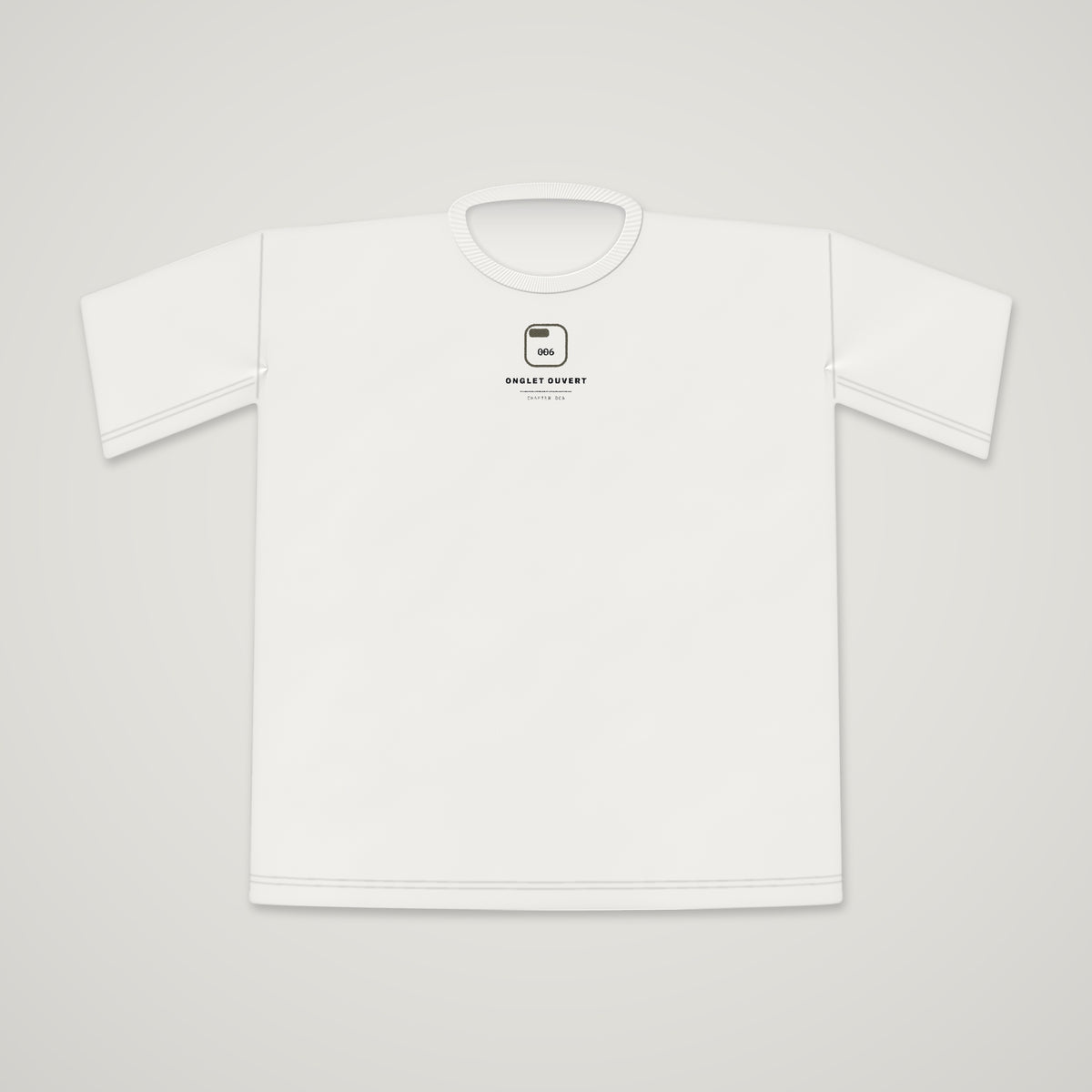 ONGLET OUVERT chapter 006 The Form, t-shirt front with brand seal