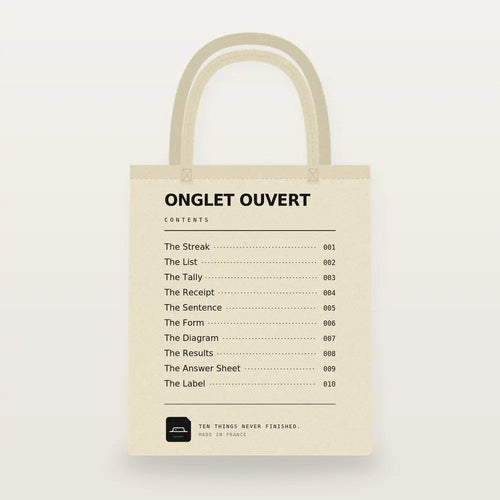 Tote bag en toile naturelle imprimé du sommaire des dix chapitres, comme la table des matières d'un livre